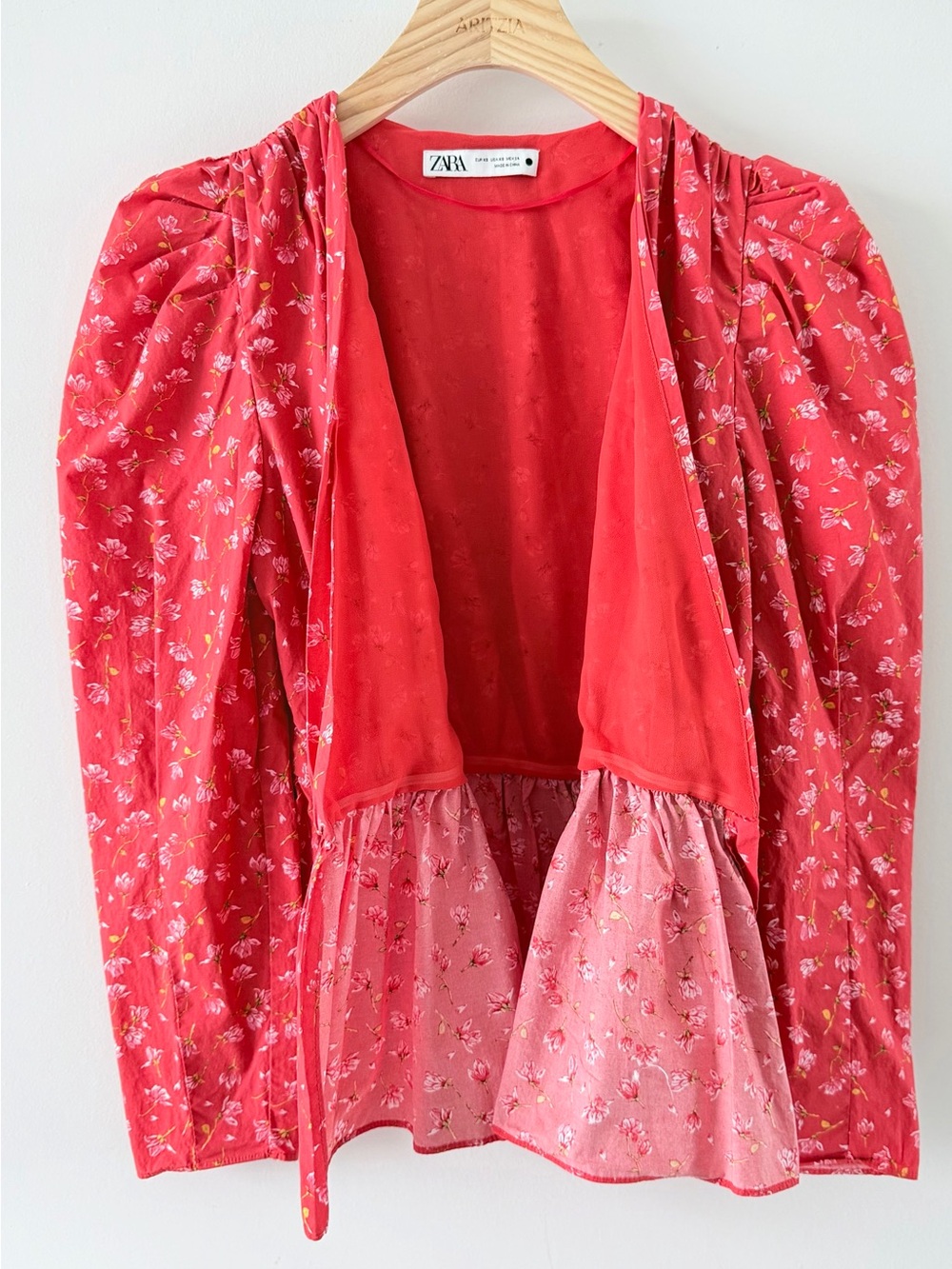 ZARA Floral Peplum Blouse XS Puff Sleeve Cottagecore Romantic Red Top - Picture 5 of 16